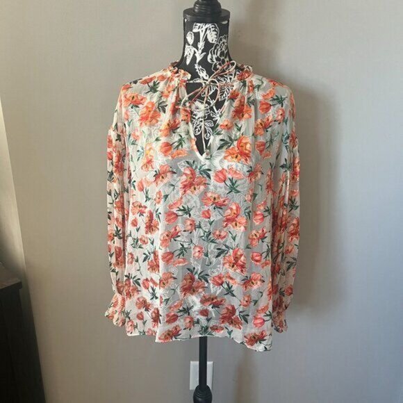Alice and Olivia Floral Womens Silk Shirt Top Blouse Orange Peach Long Sleeve SM - Picture 4 of 7